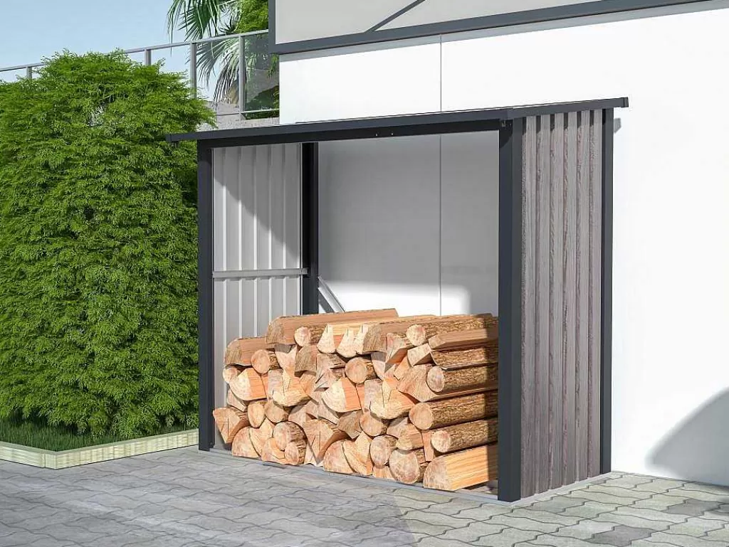 Abrigos De Jardim*EXPERTLAND Abrigo Para Lenha Metal Aco Galvanizado Efeito Madeira 1,98 M3, 2 Esteres, C182 X L89 X A156 Cm - Birwood