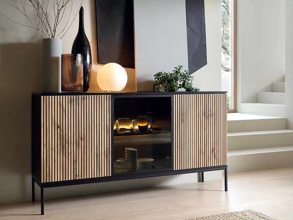 Aparador*Vente-unique Aparador 3 Portas Com Leds Em Mdf E Vidro Fumado Preto E Natural - Ovila