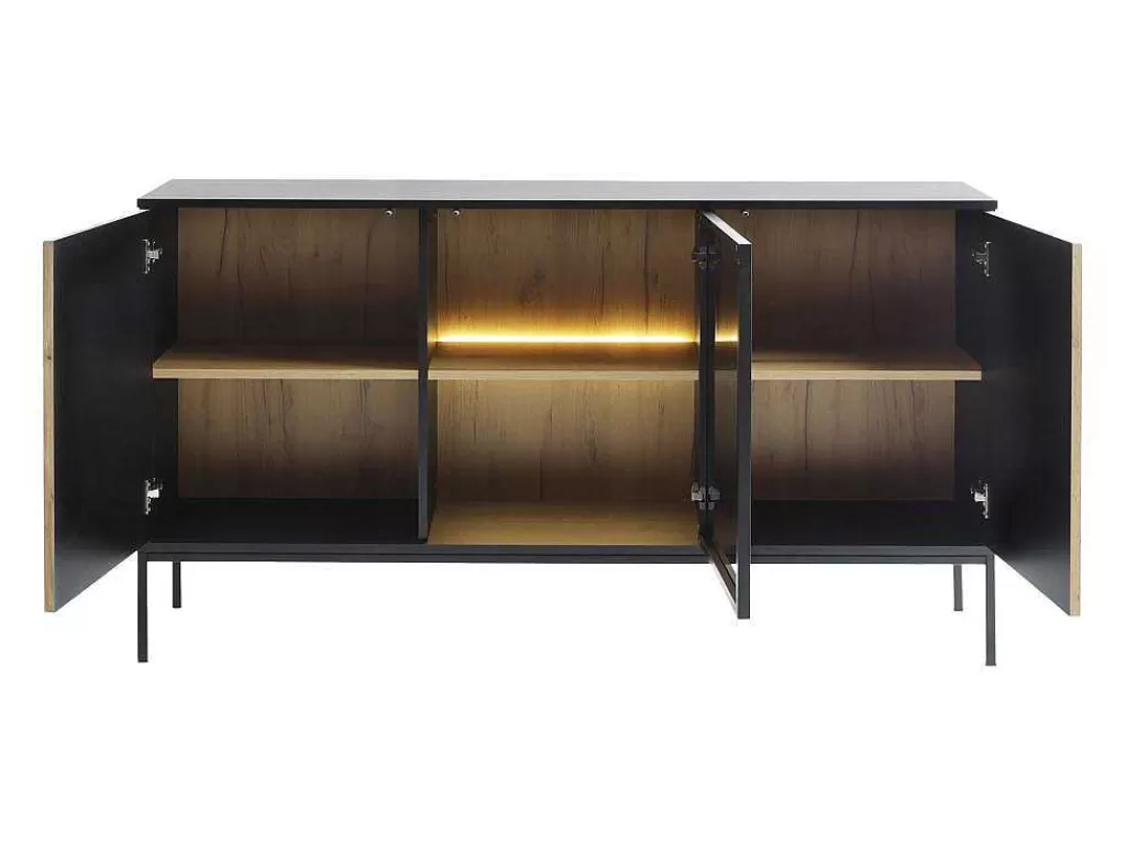 Aparador*Vente-unique Aparador 3 Portas Com Leds Em Mdf E Vidro Fumado Preto E Natural - Ovila