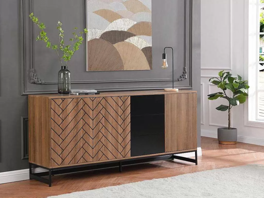 Aparador*Vente-unique Aparador 3 Portas E 3 Gavetas Em Mdf Cor Natural E Preto - Caratana