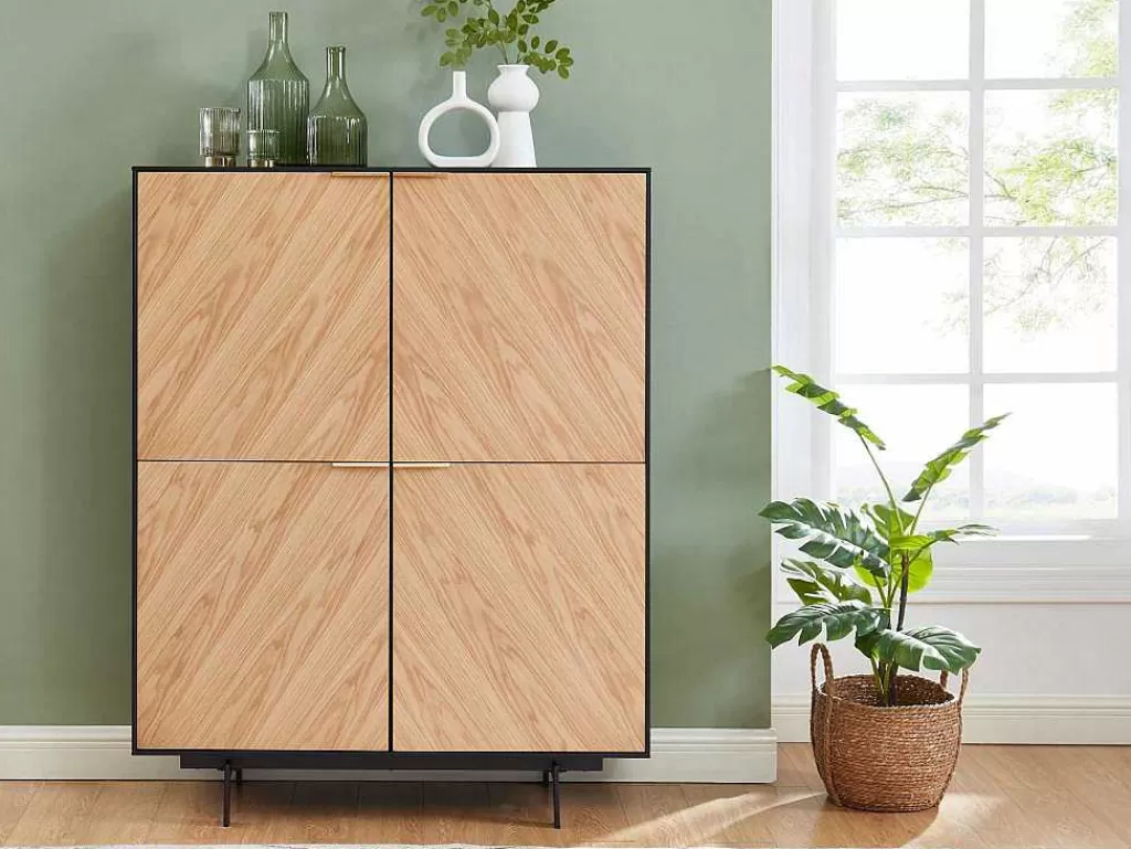 Promoções Sala*Vente-unique Aparador Alto Com 4 Portas Em Mdf E Metal Cor Natural Claro E Preto - Lobna