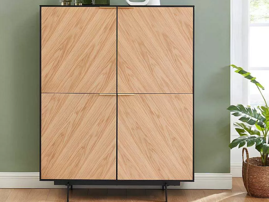 Promoções Sala*Vente-unique Aparador Alto Com 4 Portas Em Mdf E Metal Cor Natural Claro E Preto - Lobna