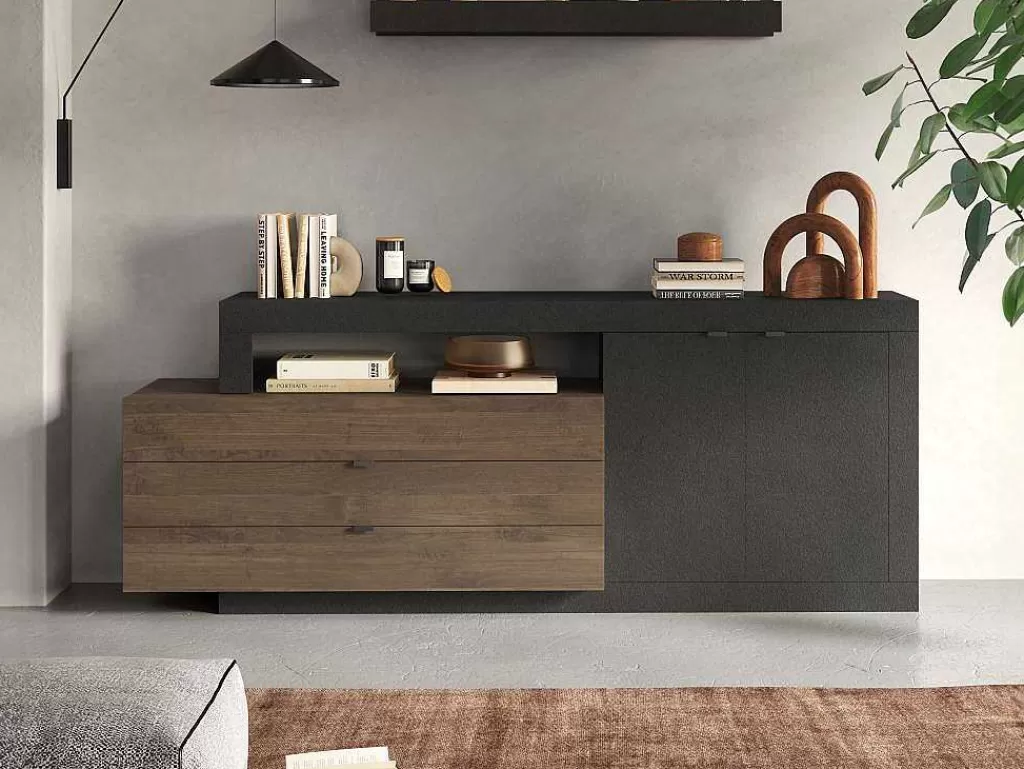 Aparador*Vente-unique Aparador Com 2 Portas, 3 Gavetas E 1 Nicho, Natural E Antracite - Ruselo