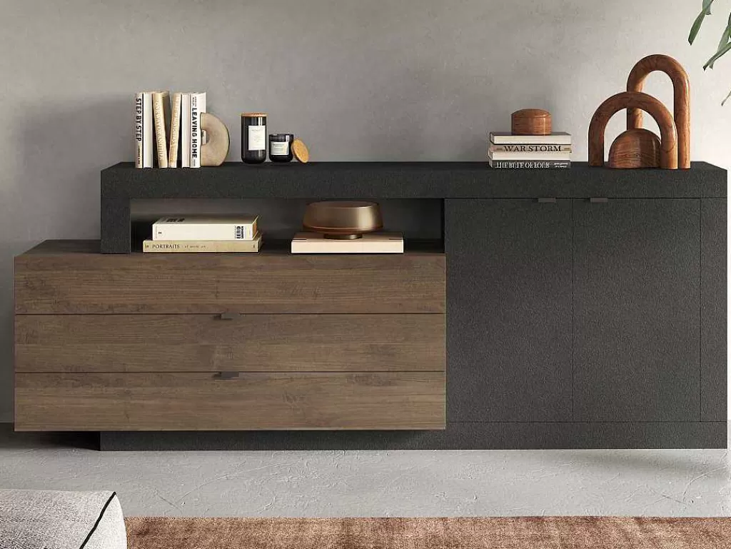 Aparador*Vente-unique Aparador Com 2 Portas, 3 Gavetas E 1 Nicho, Natural E Antracite - Ruselo