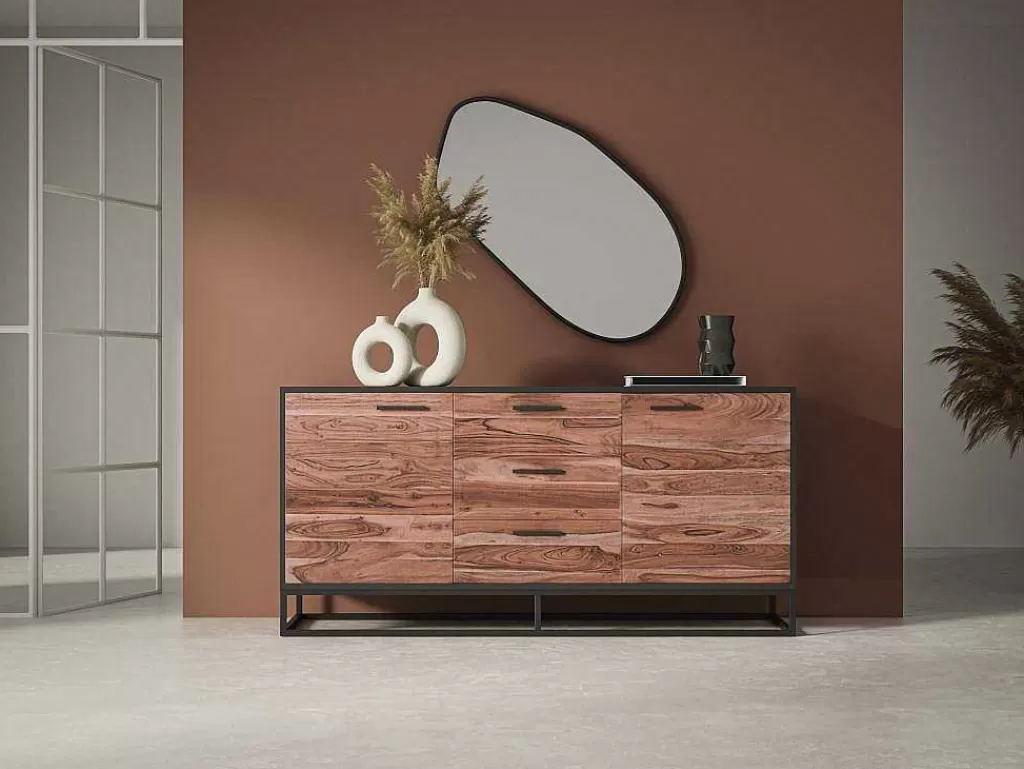 Aparador*Vente-unique Aparador Com 3 Gavetas E 2 Portas Em Madeira De Acacia E Metal, Natural Escuro E Preto - Alyona