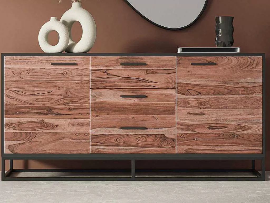 Aparador*Vente-unique Aparador Com 3 Gavetas E 2 Portas Em Madeira De Acacia E Metal, Natural Escuro E Preto - Alyona