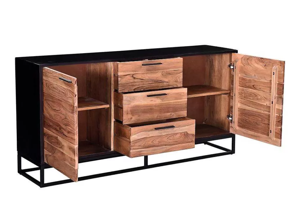 Aparador*Vente-unique Aparador Com 3 Gavetas E 2 Portas Em Madeira De Acacia E Metal, Natural Escuro E Preto - Alyona