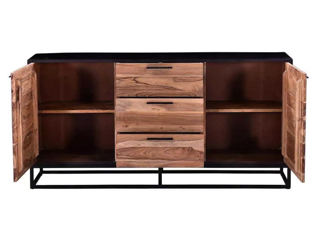 Aparador*Vente-unique Aparador Com 3 Gavetas E 2 Portas Em Madeira De Acacia E Metal, Natural Escuro E Preto - Alyona