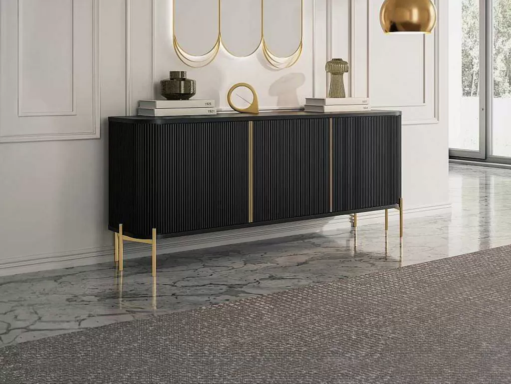 Aparador*Vente-unique Aparador Com 3 Portas Madeira De Mangueira E Metal Preto E Dourado - Balimela