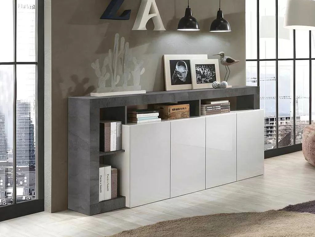 Aparador*Vente-unique Aparador Com 4 Portas E 4 Nichos Lacado A Branco E Cinza Cimento - Sefro