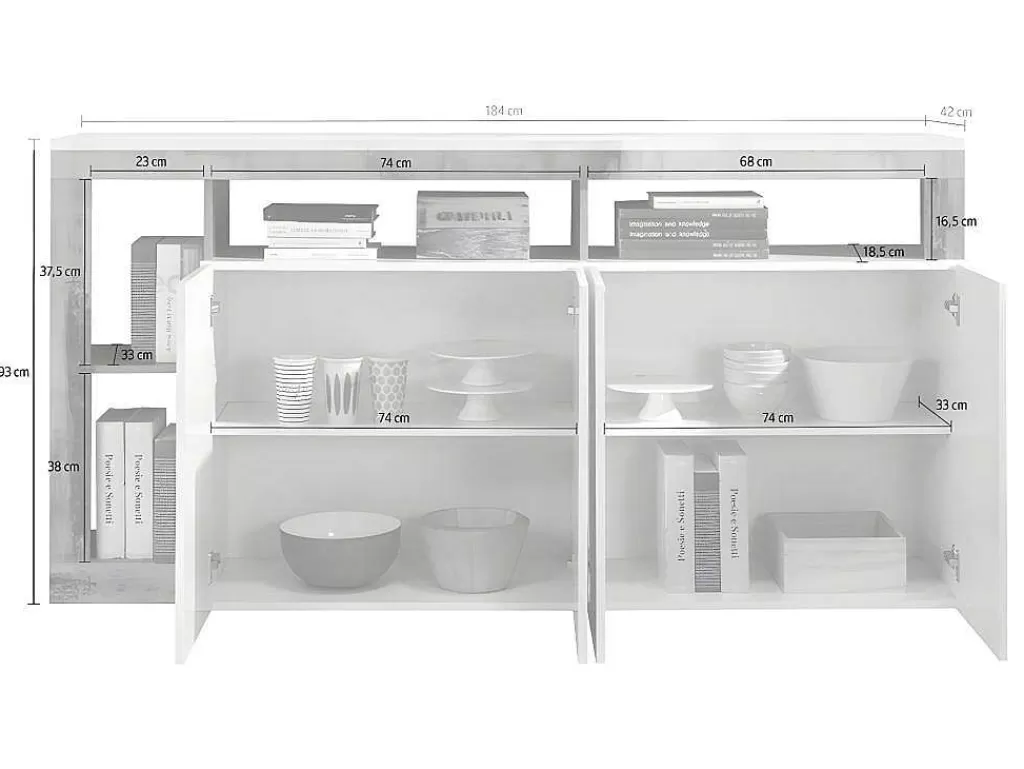Aparador*Vente-unique Aparador Com 4 Portas E 4 Nichos Lacado A Branco E Cinza Cimento - Sefro