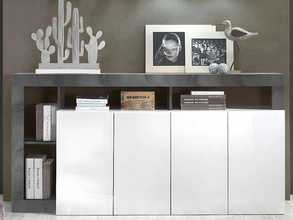 Aparador*Vente-unique Aparador Com 4 Portas E 4 Nichos Lacado A Branco E Cinza Cimento - Sefro