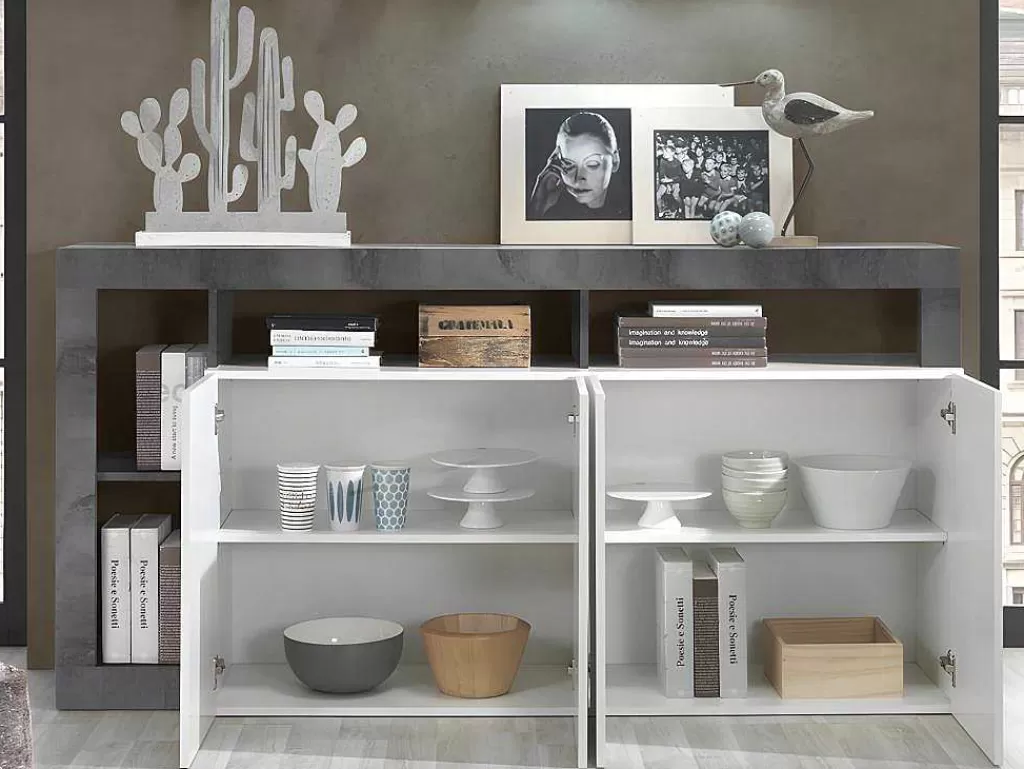 Aparador*Vente-unique Aparador Com 4 Portas E 4 Nichos Lacado A Branco E Cinza Cimento - Sefro