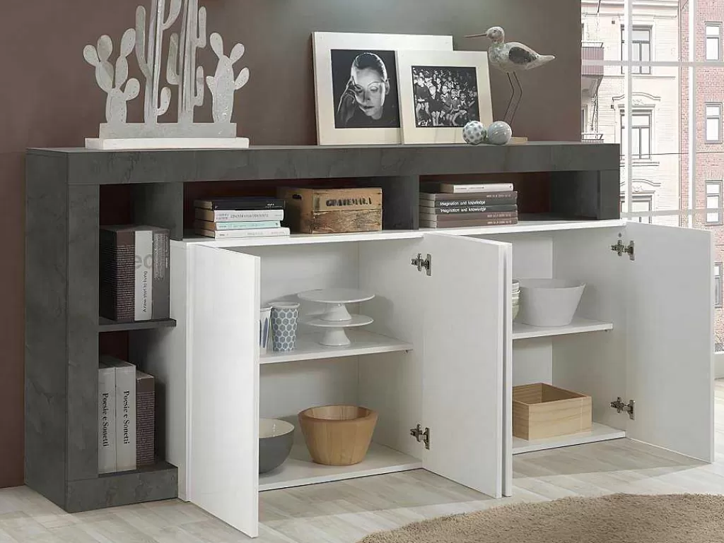 Aparador*Vente-unique Aparador Com 4 Portas E 4 Nichos Lacado A Branco E Cinza Cimento - Sefro