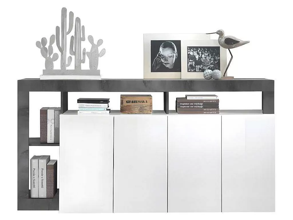 Aparador*Vente-unique Aparador Com 4 Portas E 4 Nichos Lacado A Branco E Cinza Cimento - Sefro