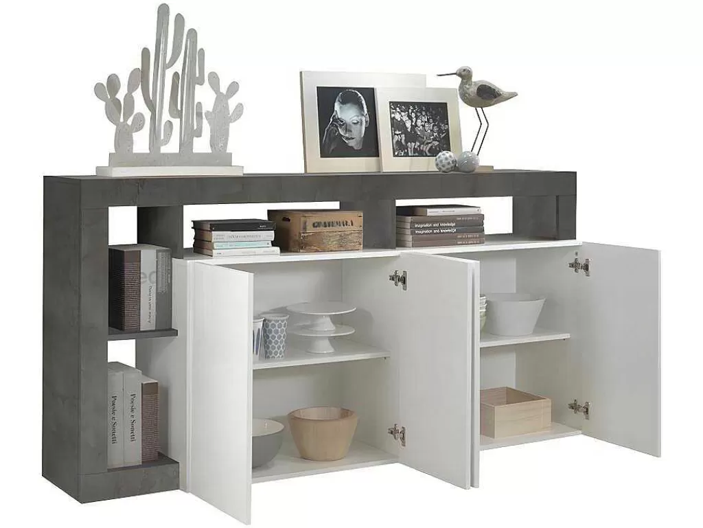 Aparador*Vente-unique Aparador Com 4 Portas E 4 Nichos Lacado A Branco E Cinza Cimento - Sefro