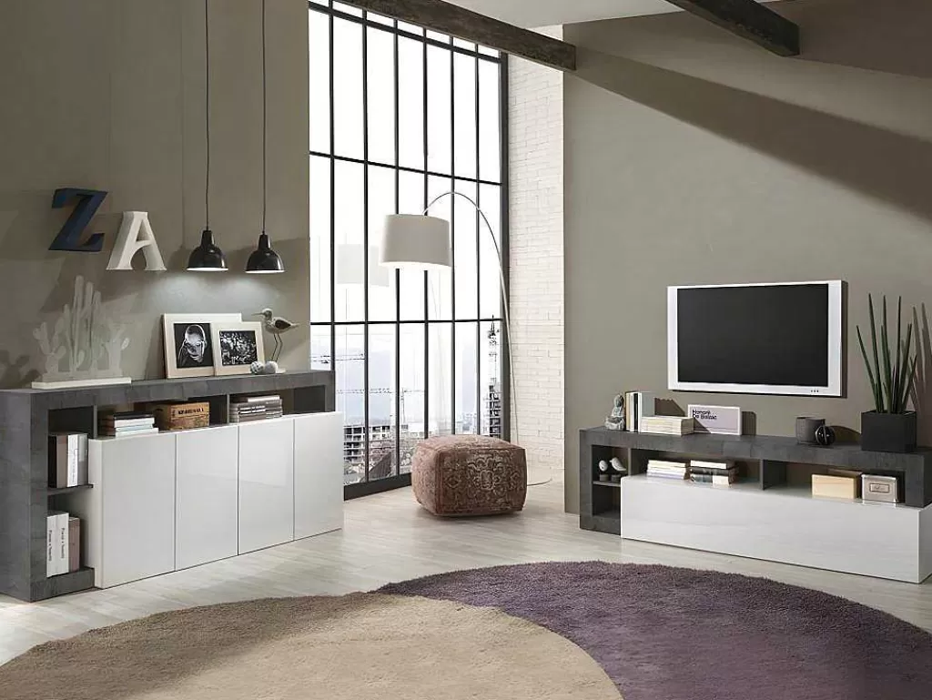 Aparador*Vente-unique Aparador Com 4 Portas E 4 Nichos Lacado A Branco E Cinza Cimento - Sefro
