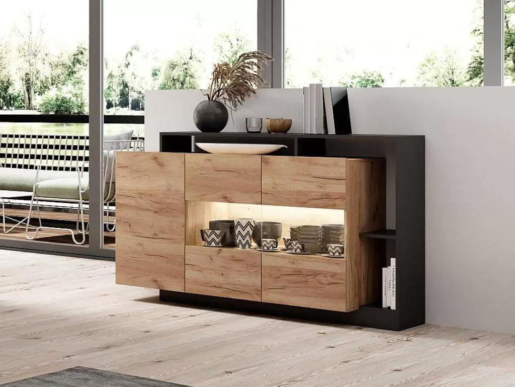 Aparador*Vente-unique Aparador De 3 Portas E 3 Nichos Com Leds Cor Natural E Antracite - Idesia