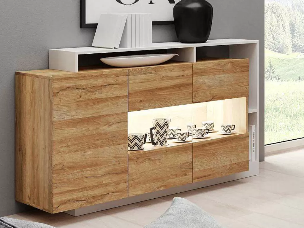 Aparador*Vente-unique Aparador De 3 Portas E 3 Nichos Com Leds Cor Natural E Branco - Idesia