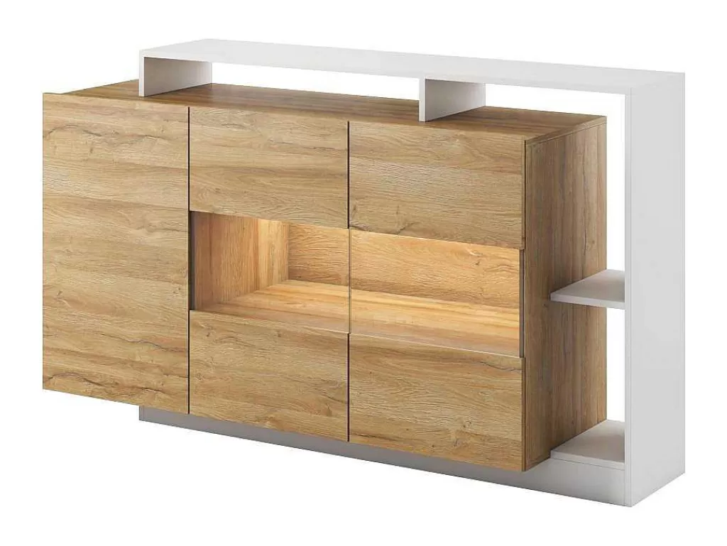 Aparador*Vente-unique Aparador De 3 Portas E 3 Nichos Com Leds Cor Natural E Branco - Idesia
