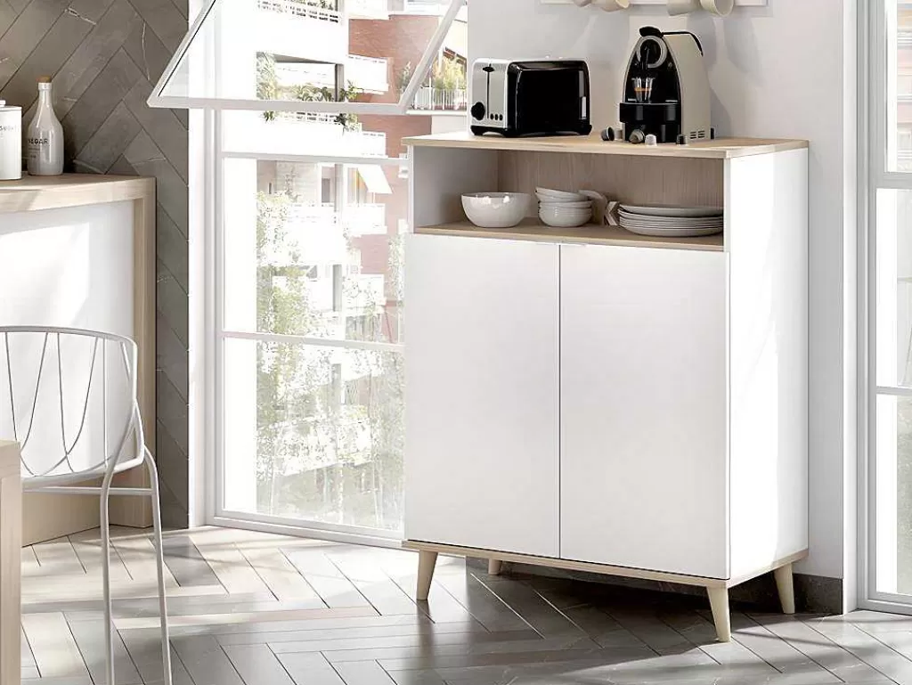 Móvel De Cozinha*Vente-unique Aparador De Cozinha Com 2 Portas E 1 Nicho Cor Branco E Carvalho - Wajdi