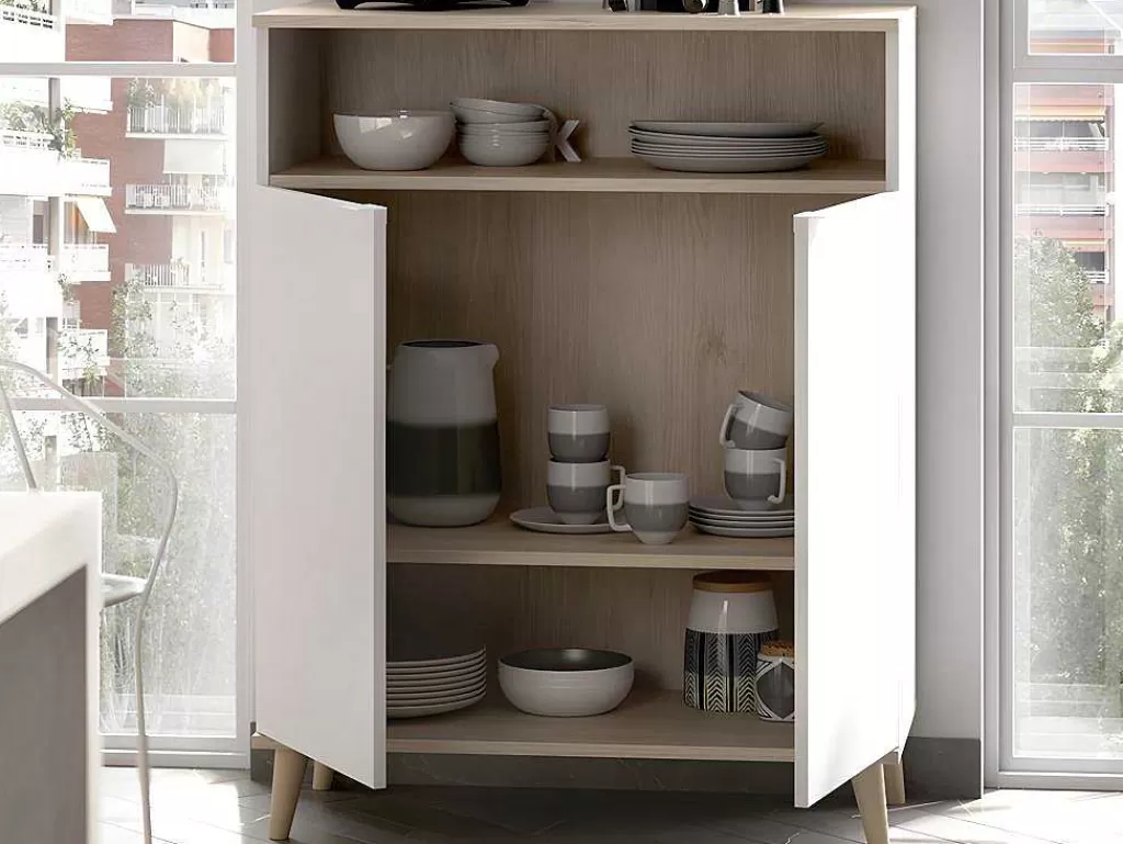 Móvel De Cozinha*Vente-unique Aparador De Cozinha Com 2 Portas E 1 Nicho Cor Branco E Carvalho - Wajdi