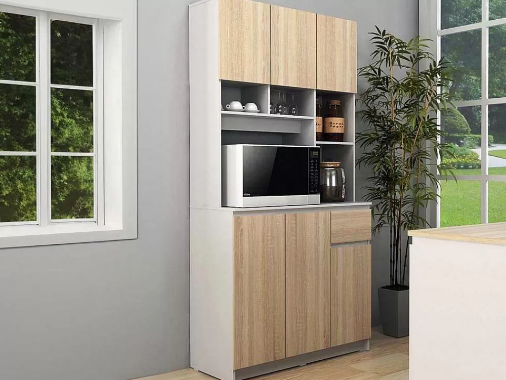 Móvel De Cozinha*Vente-unique Aparador De Cozinha Com 6 Portas, 1 Gaveta E 5 Nichos, Natural Claro E Branco - Nizali