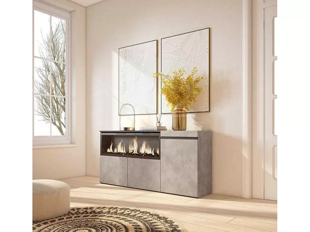 Aparador*Skraut Home Aparador Sala De Jantar, 160, 3 Portas, Lareira Electrica Xxl, Cimento