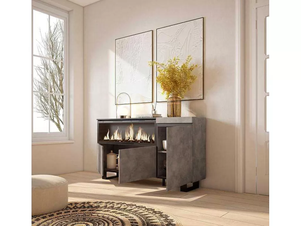 Aparador*Skraut Home Aparador Sala De Jantar, 160, 3 Portas, Lareira Electrica Xxl, Design Industrial, Cimento