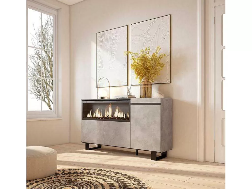 Aparador*Skraut Home Aparador Sala De Jantar, 160, 3 Portas, Lareira Electrica Xxl, Design Industrial, Cimento