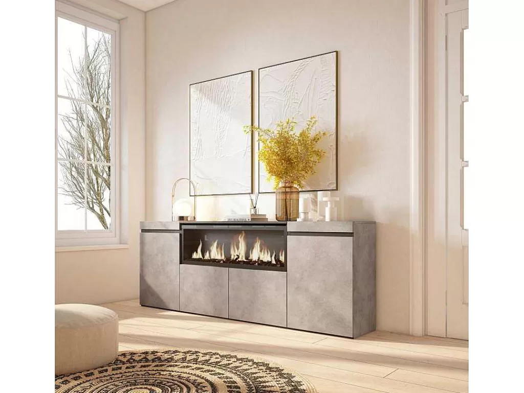 Aparador*Skraut Home Aparador Sala De Jantar, 210, 4 Portas, Lareira Electrica Xxl, Cimento