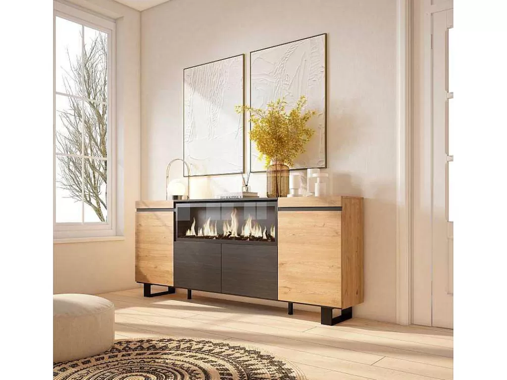Aparador*Skraut Home Aparador Sala De Jantar, 210, 4 Portas, Lareira Electrica Xxl, Design Industrial, Carvahlo E Preto