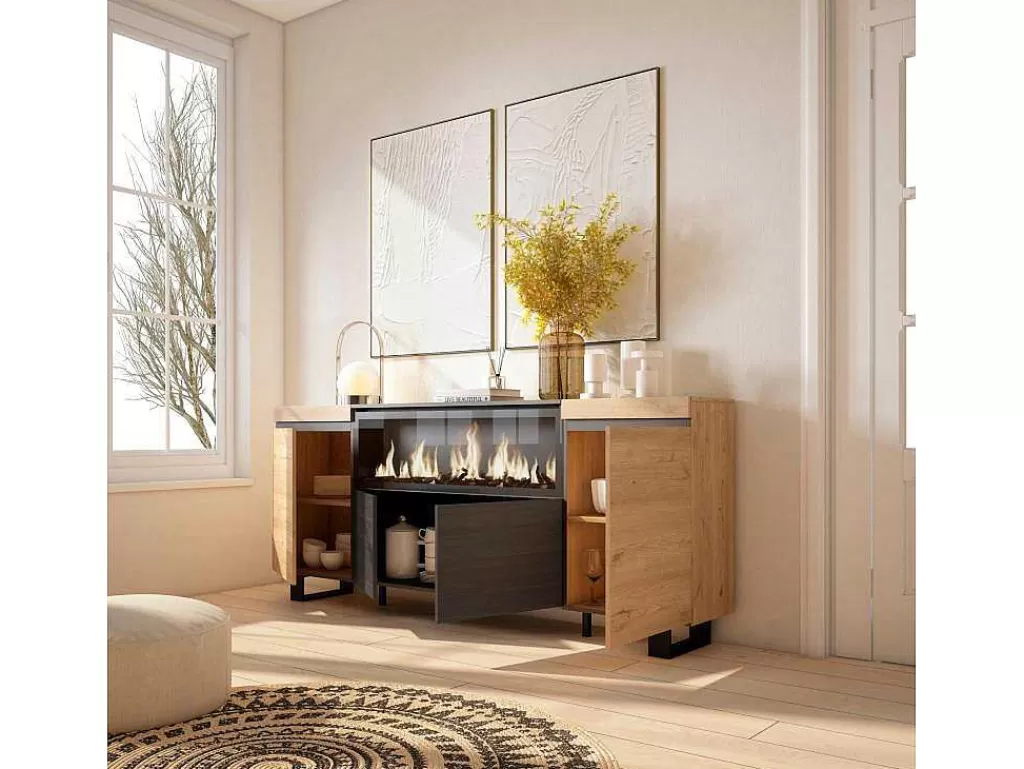 Aparador*Skraut Home Aparador Sala De Jantar, 210, 4 Portas, Lareira Electrica Xxl, Design Industrial, Carvahlo E Preto