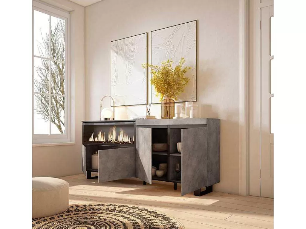 Aparador*Skraut Home Aparador Sala De Jantar, 210, 4 Portas, Lareira Electrica Xxl, Design Industrial, Cimento