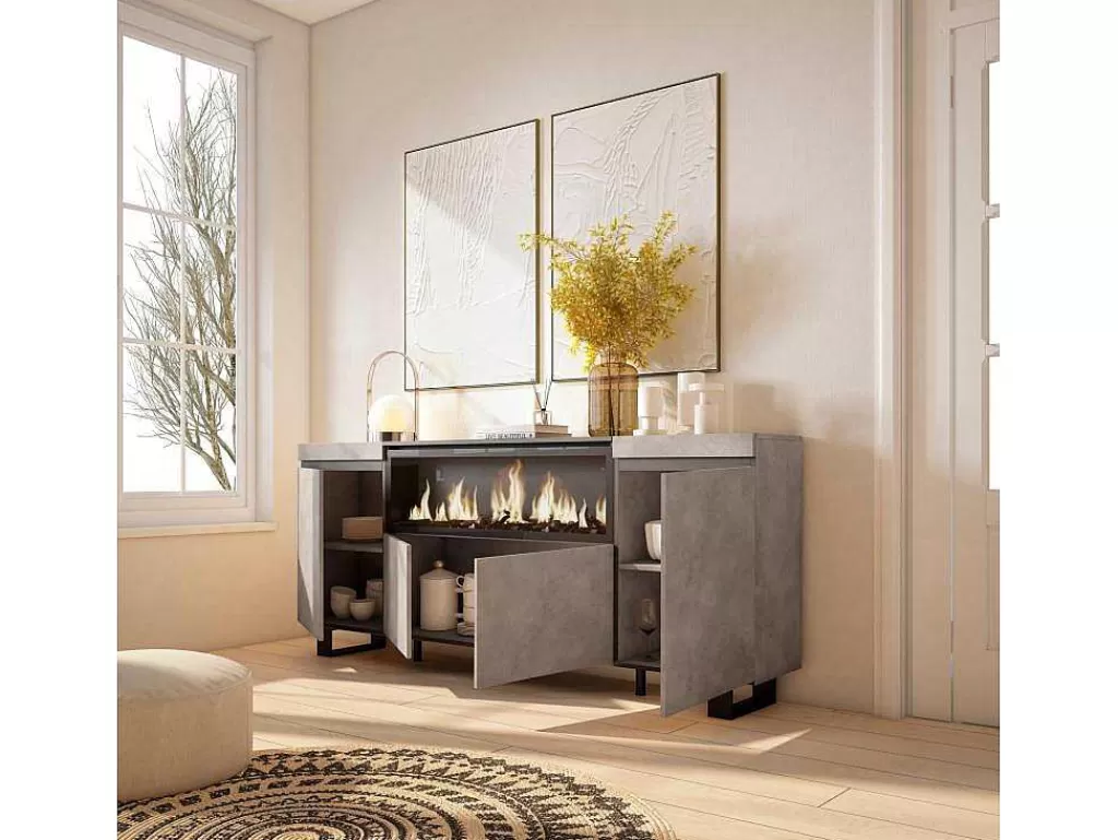 Aparador*Skraut Home Aparador Sala De Jantar, 210, 4 Portas, Lareira Electrica Xxl, Design Industrial, Cimento