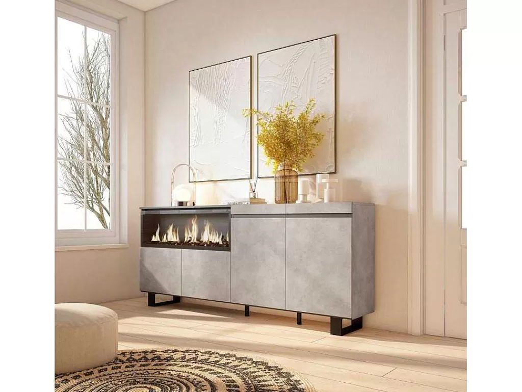Aparador*Skraut Home Aparador Sala De Jantar, 210, 4 Portas, Lareira Electrica Xxl, Design Industrial, Cimento
