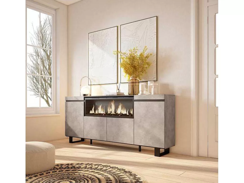 Aparador*Skraut Home Aparador Sala De Jantar, 210, 4 Portas, Lareira Electrica Xxl, Design Industrial, Cimento