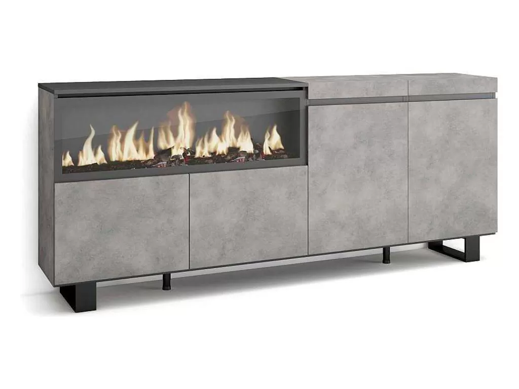 Aparador*Skraut Home Aparador Sala De Jantar, 210, 4 Portas, Lareira Electrica Xxl, Design Industrial, Cimento