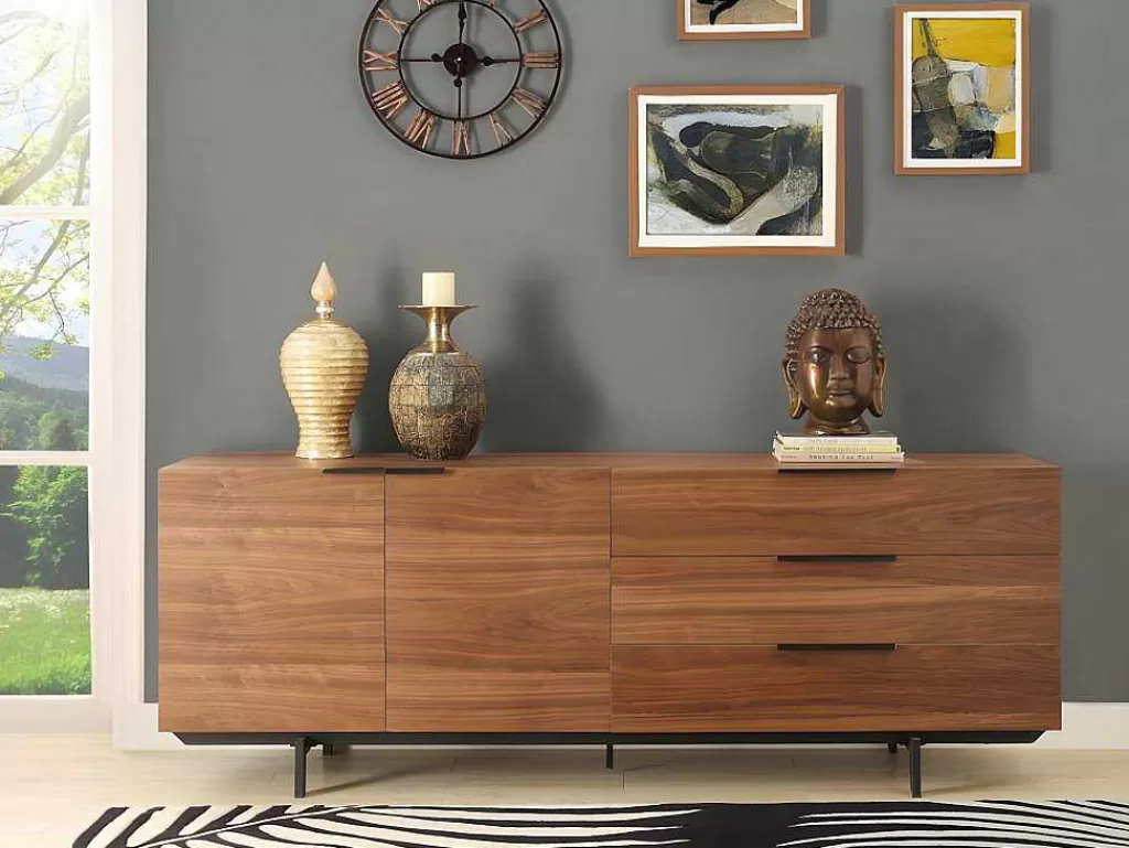 Aparador*Vente-unique Aparador Tayron 200 Cm - 2 Portas E 3 Gavetas - Mdf E Pés De Metal - Cor De Noz