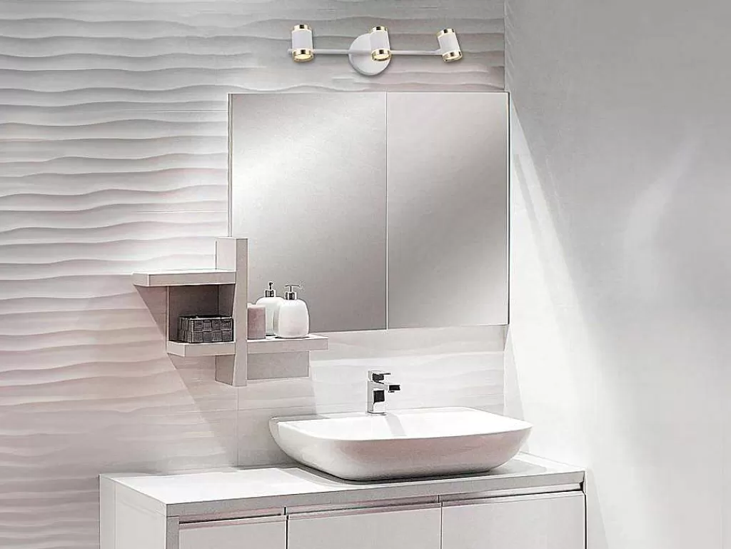 Candeeiro De Parede*OZAIA Aplique De Casa De Banho Com Leds Aluminio, 3 Focos, L45 Cm Branco E Dourado - Ashford