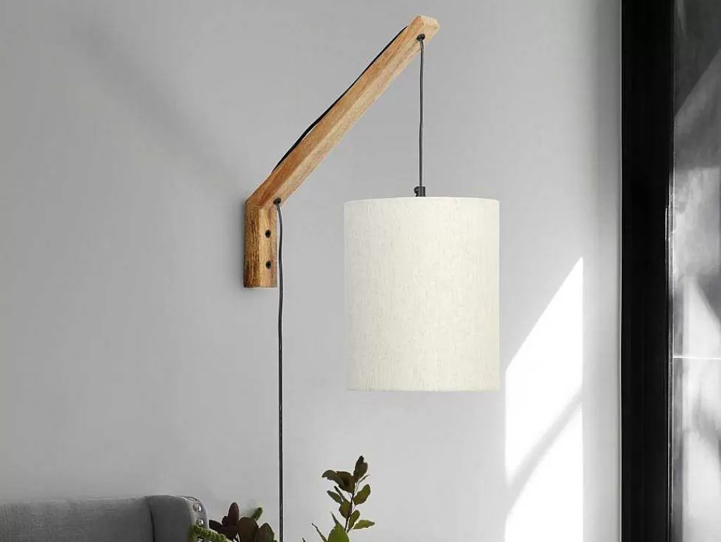 Candeeiro De Parede*OZAIA Aplique De Parede Escandinavo Madeira De Mangueira E Tecido D. 21 X A. 36 Cm Natural Claro E Bege - Paliana