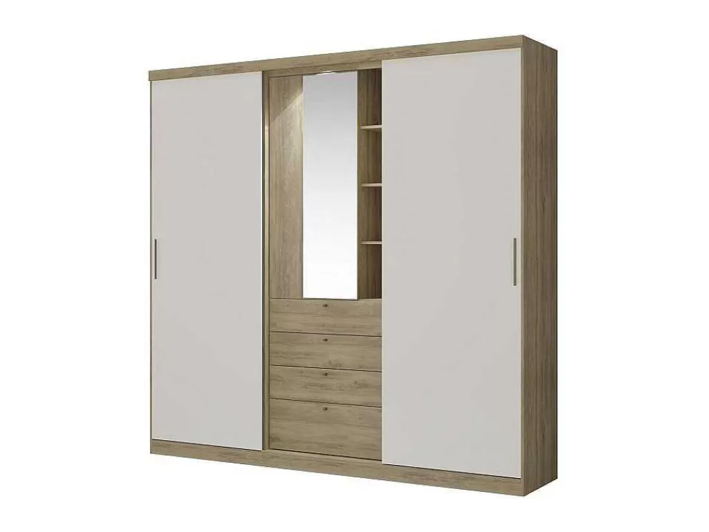 Armário E Roupeiro*Vente-unique Armário Bodil - Portas Deslizantes - Espelho E Gavetas - C240 Cm - Carvalho E Marfim