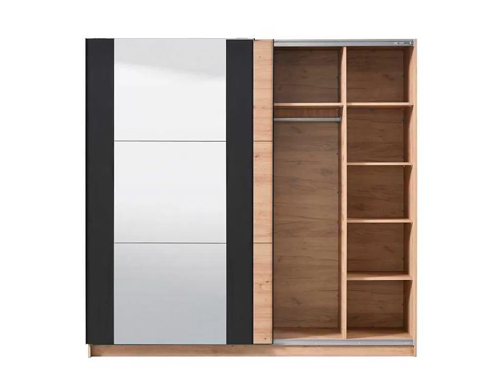 Armário E Roupeiro*Vente-unique Armário Com 2 Portas De Correr E Espelho C.217 Cm Carvalho E Preto - Philadelphie
