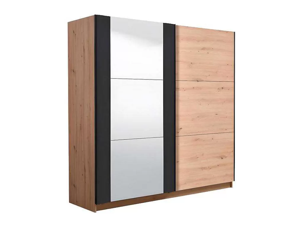 Armário E Roupeiro*Vente-unique Armário Com 2 Portas De Correr E Espelho C.217 Cm Carvalho E Preto - Philadelphie