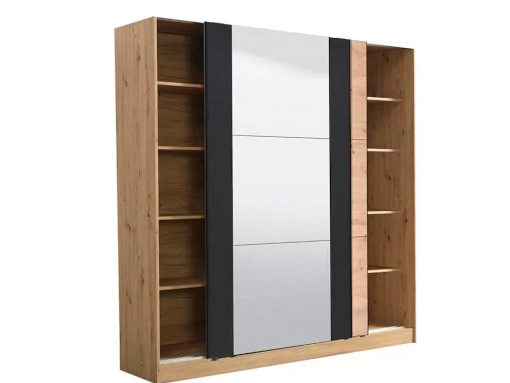Armário E Roupeiro*Vente-unique Armário Com 2 Portas De Correr E Espelho C.217 Cm Carvalho E Preto - Philadelphie