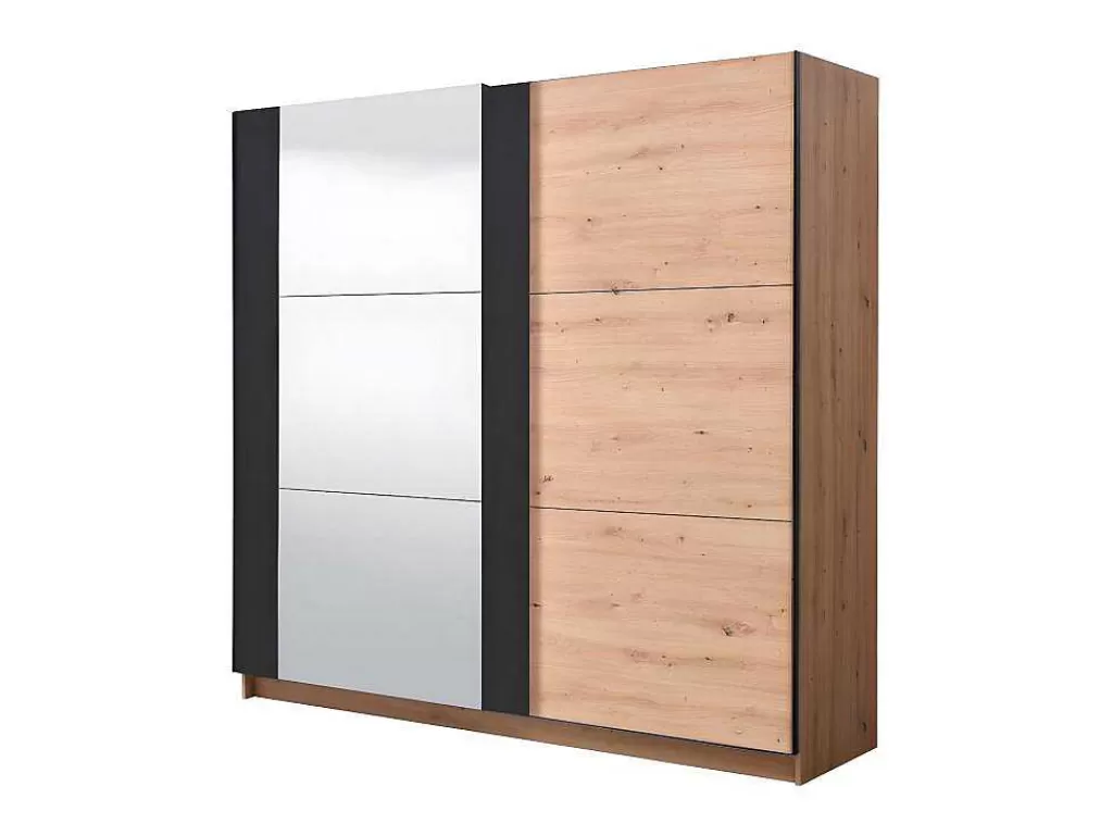 Armário E Roupeiro*Vente-unique Armário Com 2 Portas De Correr E Espelho C.217 Cm Carvalho E Preto - Philadelphie