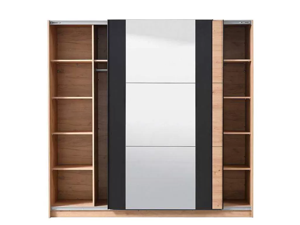 Armário E Roupeiro*Vente-unique Armário Com 2 Portas De Correr E Espelho C.217 Cm Carvalho E Preto - Philadelphie