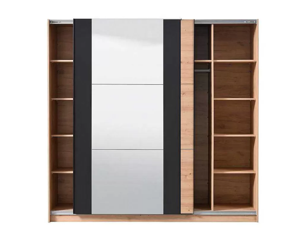 Armário E Roupeiro*Vente-unique Armário Com 2 Portas De Correr E Espelho C.217 Cm Carvalho E Preto - Philadelphie