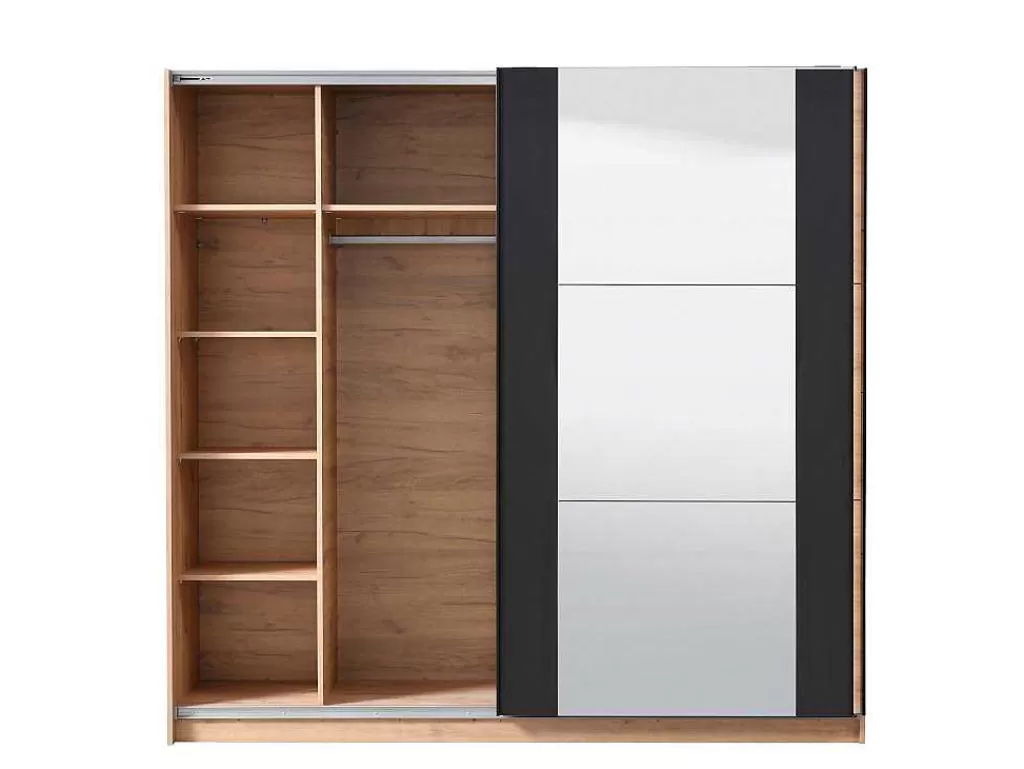 Armário E Roupeiro*Vente-unique Armário Com 2 Portas De Correr E Espelho C.217 Cm Carvalho E Preto - Philadelphie