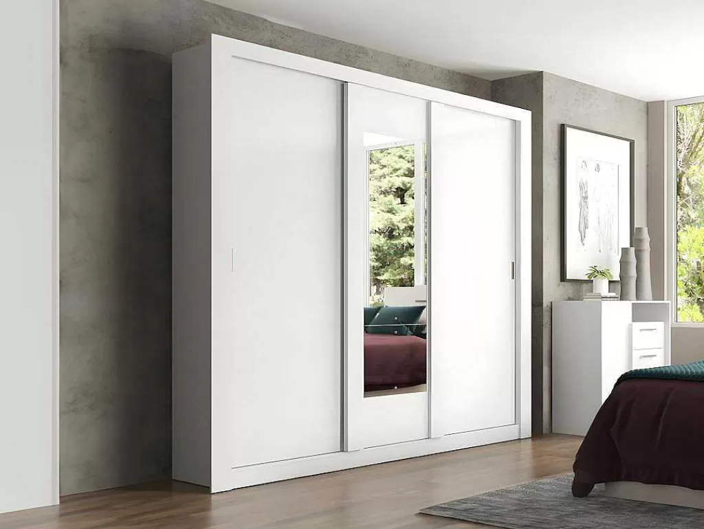 Armário E Roupeiro*Vente-unique Armário Com Espelho Roxane - 3 Portas De Correr - C. 220 Cm - Branco